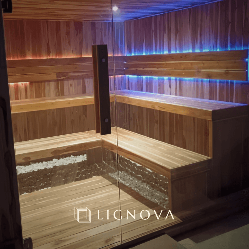 Instalación de sauna tradicional eléctrico en madera de teca seleccionada.