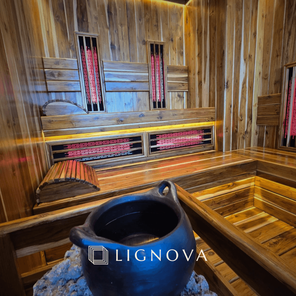 Instalación de sauna tradicional a gas en madera de teca seleccionada.